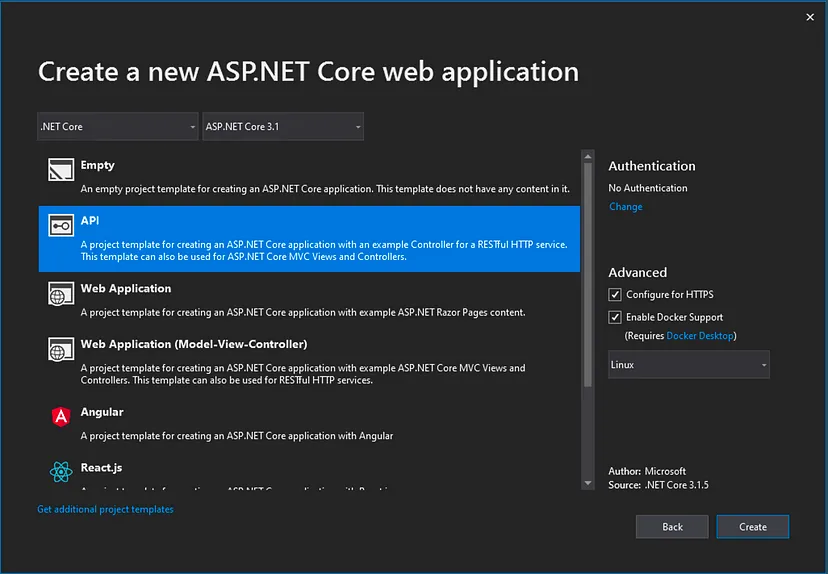 Plantilla para una aplicación ASP.NET Core 3.1